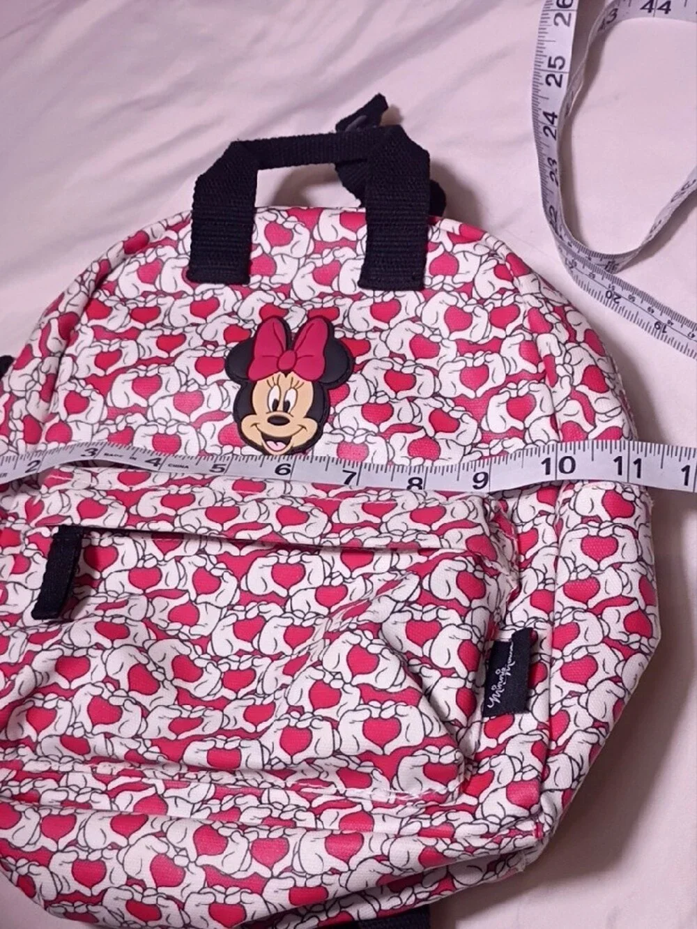 Zara Kids Minnie Mouse Pink White Heart Pattern Backpack Front Zip Pocket